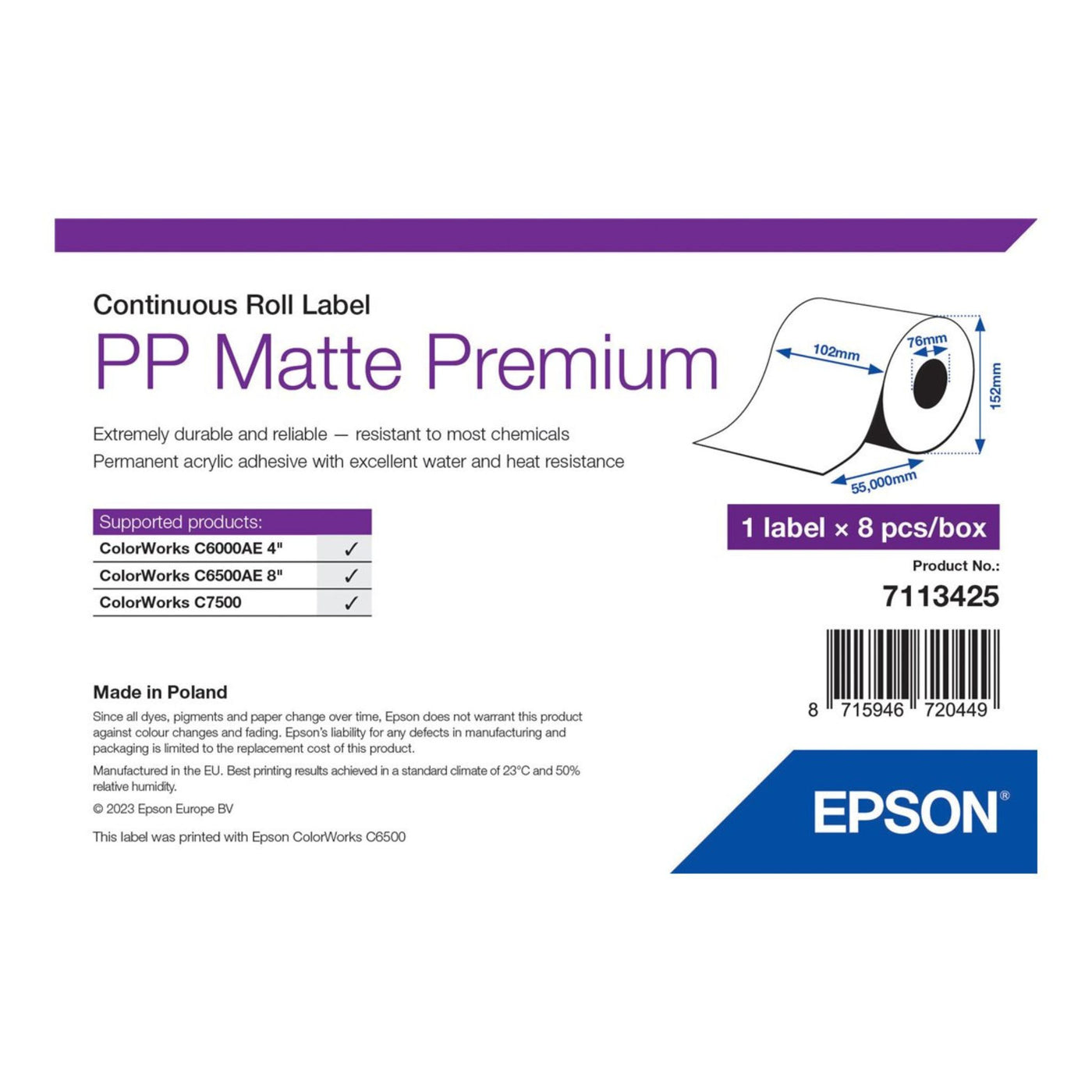Epson Premium PP Etikettenrolle matt, 10,2 cm x 55 m, 8 Rollen, permanent haftend