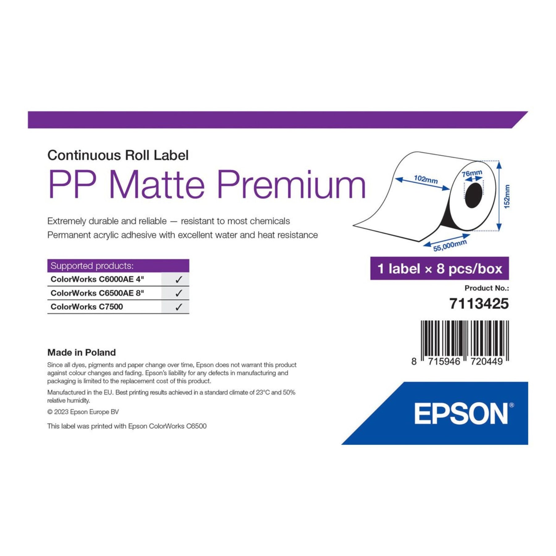 Epson Premium PP Etikettenrolle matt, 10,2 cm x 55 m, 8 Rollen, permanent haftend