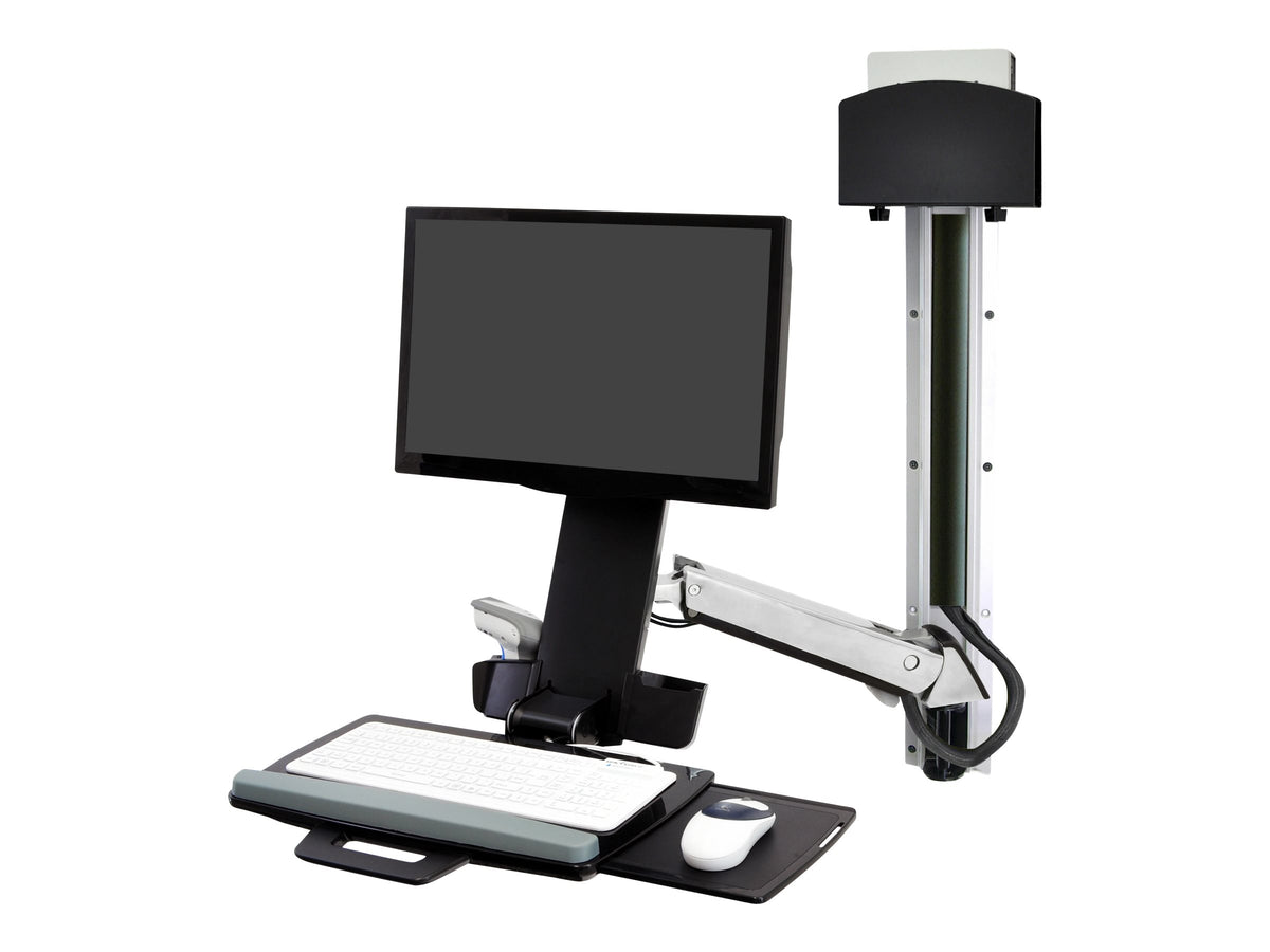 Ergotron Sit-Stand Combo System Mit CPU-Halter klein - Befestigungskit (CPU-Halter, 2 Schienenabdeckungen, 2 Kabelkanäle, Handgelenkkissen, einstellbarer Monitorarm, VESA-Halterung, Wandschiene 34", Montagesystem mit CPU-Halterung und Armen)