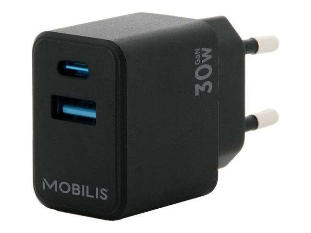 Mobilis Netzteil - schnell, GaN - 30 Watt - PD/PPS, Quick Charge - 2 Ausgabeanschlussstellen (USB, 24 pin USB-C)