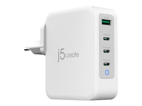 j5create JUP43130E - Netzteil - GaN - 130 Watt - 5 A - Huawei Fast Charge, PD 2.0, PD 3.0, QC 4.0, AFC, BC 1.2, Apple 2.4A - 4 Ausgabeanschlussstellen (USB Typ A, 3 x USB-C)