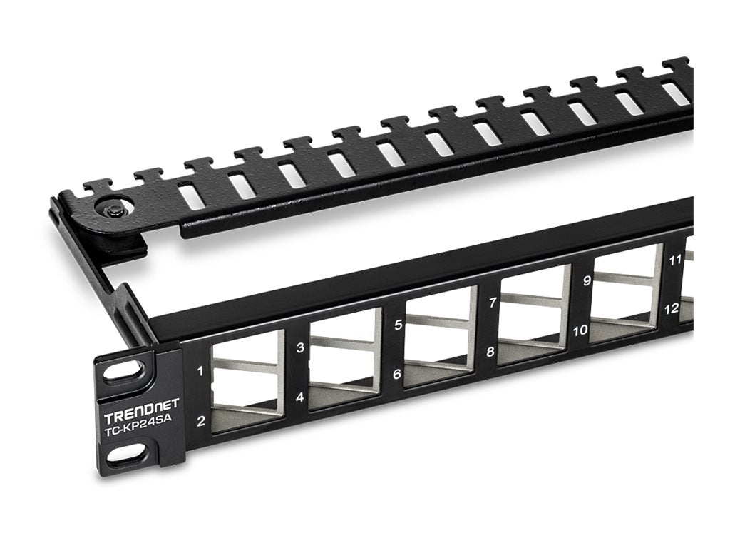 TRENDnet TC-KP24SA - Patch Panel - blank angled keystone shielded - Rack montierbar - CAT 6a - Schwarz - 1U - 48.3 cm (19")