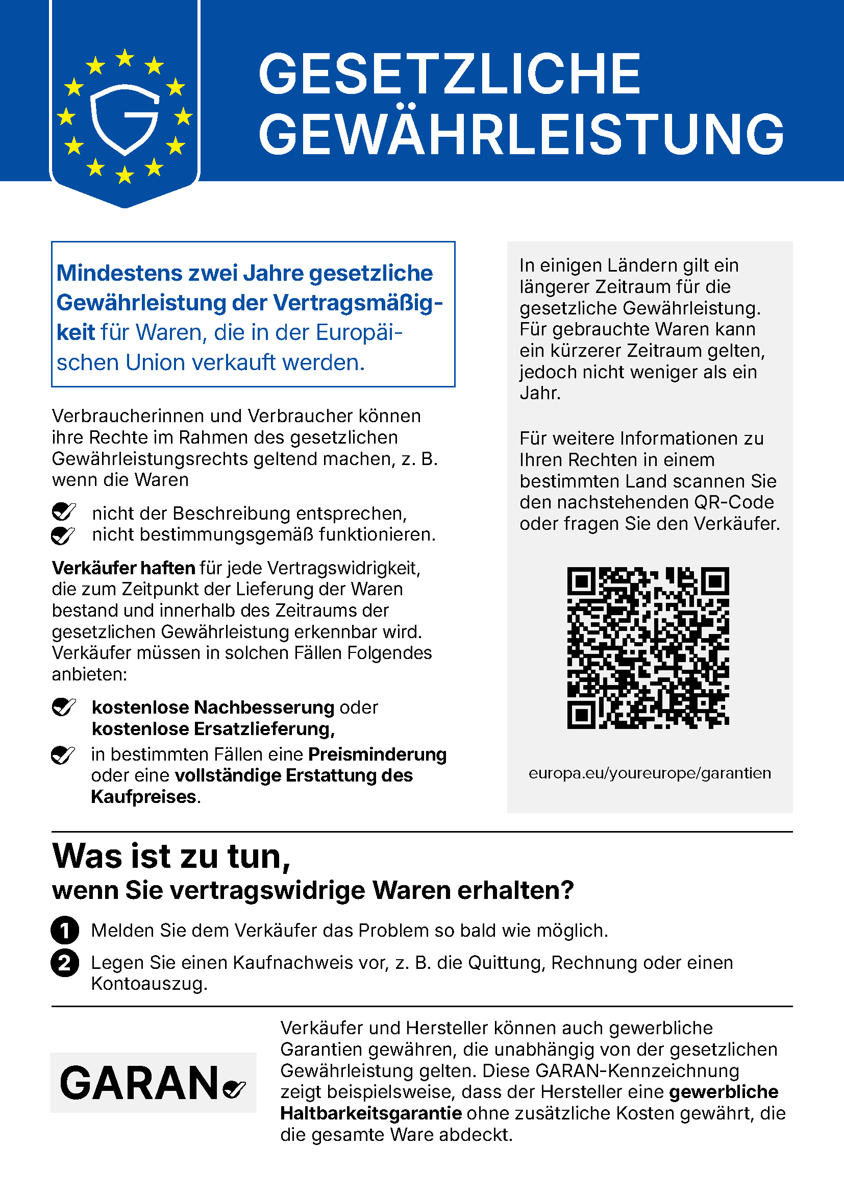 Gesetzliche Gewährleistung – mindestens zwei Jahre für in der EU verkaufte Waren