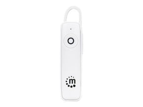 Manhattan Single Ear Bluetooth Headset (Clearance Pricing), Omnidirectional Mic, Integrated Controls, White, 10 hour usage time, Range 10m, USB-A charging cable included, Bluetooth v4.0, 3 year warranty, Boxed