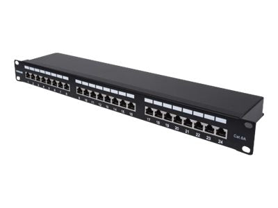 Intellinet 24-Port Cat6a Patchpanel, geschirmt, 24 Ports, FTP, 1 HE, Klemmleisten mit 90 Grad abgewinkelten Kabeleinführungen, schwarz - Patch Panel - CAT 6a - FTP - RJ-45 X 24 - Schwarz - 1U - 48.3 cm (19")