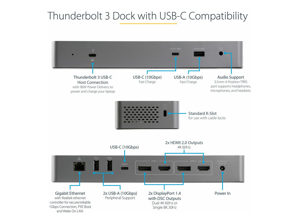 StarTech.com Thunderbolt 3 Dock mit USB-C Host-Kompatibilität - Dual 4K 60Hz DisplayPort 1.4 oder Dual HDMI Monitore - Single 8K - TB3/USB-C Laptop Docking Station - 96W PD, 5xUSB - 10 Gbit/s (TB3CDK2DHUE)