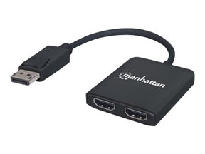 Manhattan DisplayPort 1.2 to 2-Port HDMI Splitter Hub with MST, 4K@30Hz, USB-A Powered, Video Wall Function, HDCP 2.2, Black, Three Year Warranty, Blister