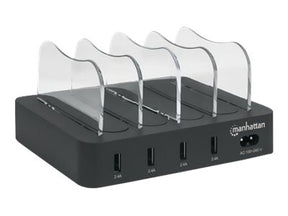 Manhattan Charging Station, 4x USB-A Ports, Outputs: 4x 2.4A, Smart IC, LED Indicator Lights, Black, Three Year Warranty, Box - Ladestation - 34 Watt - 4 Ausgabeanschlussstellen (USB)