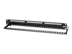 Tripp 24-Port Cat6 Cat5 Patch Panel Feed Through Rackmount 568A/B RJ45 1URM TAA - Patch Panel - geeignet für Wandmontage - CAT 6 - Schwarz - 1U - 48.3 cm (19")