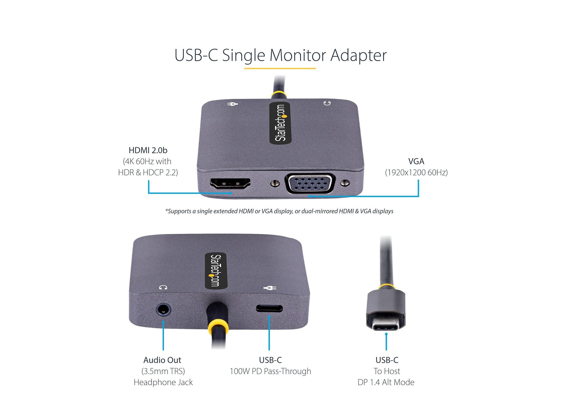 StarTech.com USB C Video Adapter, USB C to HDMI VGA Multiport Adapter w/ 3.5mm Audio Output, 4K 60Hz, HDR, 100W PD 3.0, USB C Monitor Adapter for Laptop, Thunderbolt 3/4 Compatible - USB C Display Travel Adapter (122-USBC-HDMI-4K-VGA)