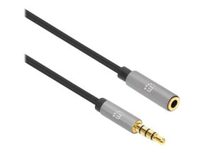 Manhattan Stereo Audio 3.5mm Extension Cable, 2m, Male/Female, Slim Design, Black/Silver, Premium with 24 karat gold plated contacts and pure oxygen-free copper (OFC)