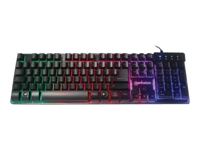 Manhattan Gaming USB Keyboard, Metal Base Edition, 12 Function Keys, Rainbow-LED Backlighting, 19 Anti-Ghost Key Caps, IPX4 (Splashproof)