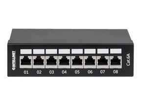 Intellinet Patch Panel, Cat6a, FTP, 8-Port, Desktop, Shielded, 90° Top-Entry Punch Down Blocks, Black