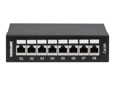 Intellinet Patch Panel, Cat6a, FTP, 8-Port, Desktop, Shielded, 90° Top-Entry Punch Down Blocks, Black