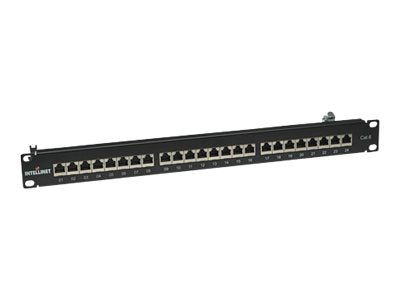 Intellinet 24-Port Cat6 Patchpanel, geschirmt, 24 Ports, FTP, 1 HE, Klemmleisten mit 90 Grad abgewinkelten Kabeleinführungen, schwarz - Patch Panel - CAT 6 - FTP - RJ-45 X 24 - Schwarz - 1U - 48.3 cm (19")