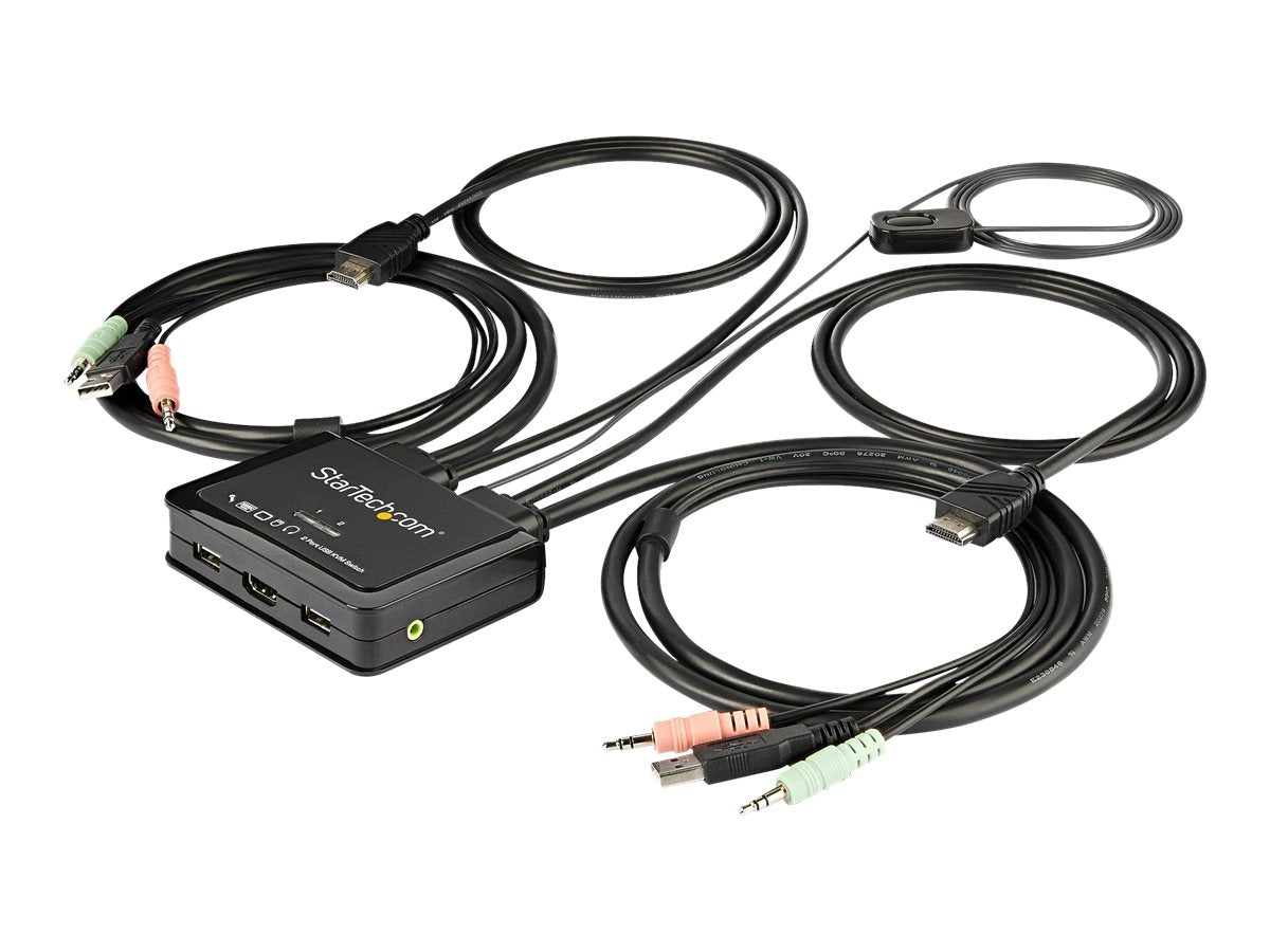 StarTech.com 2 Port HDMI KVM Switch, 4K 60Hz, Compact Dual Port UHD/Ultra HD USB Desktop KVM Switch with Integrated 4ft Cables & Audio, Bus Powered & Remote Switching, MacBook ThinkPad - 4K KVM Switch w/ Audio (SV211HDUA4K)