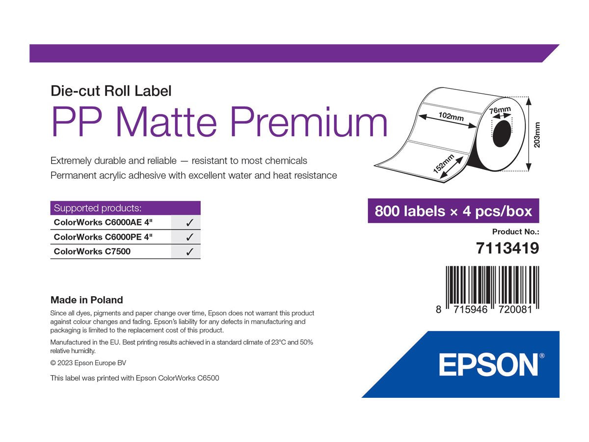 Epson Premium - Polypropylen (PP) - matt - permanenter Acrylklebstoff - 102 x 152 mm 3200 Etikett(en) (4 Rolle(n)