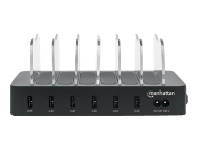 Manhattan Charging Station, 6x USB-A Ports, Outputs: 6x 2.4A, Smart IC, LED Indicator Lights, Black, Three Year Warranty, Box - Ladestation - 50 Watt - 2.4 A - 6 Ausgabeanschlussstellen (USB)