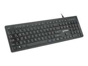 Manhattan Gaming USB Keyboard, Low Force Key Edition, 12 Multimedia Keys, Rainbow-LED Backlighting, USB-A, Black, Retail Box (German layout)