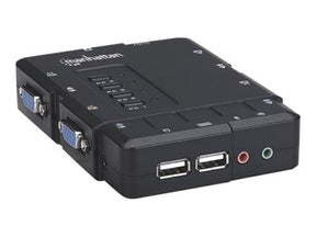 Manhattan KVM Switch Compact 4-Port, 4x USB-A, Cables included, Audio Support, Control 4x computers from one pc/mouse/screen, Black, Lifetime Warranty, Boxed