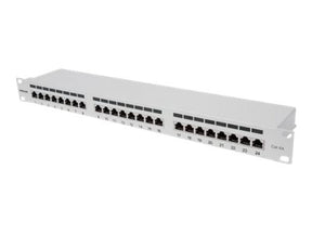 Intellinet 24-Port Cat6a Patchpanel, geschirmt, 24 Ports, FTP, 1 HE, Klemmleisten mit 90 Grad abgewinkelten Kabeleinführungen, grau - Patch Panel - RJ-45 X 24 - Grau - 1U - 48.3 cm (19")