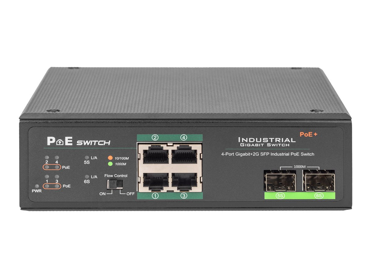 DIGITUS 4 Port Gigabit Ethernet Netzwerk PoE Switch, Industrial, Unmanaged, 2 SFP Uplink