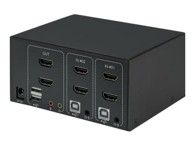 Manhattan HDMI KVM Switch 2-Port, 4K@30Hz, USB-A/3.5mm Audio/Mic Connections, Cables included, Audio Support, Control 2x computers from one pc/mouse/screen, USB Powered, Black, Three Year Warranty, Boxed