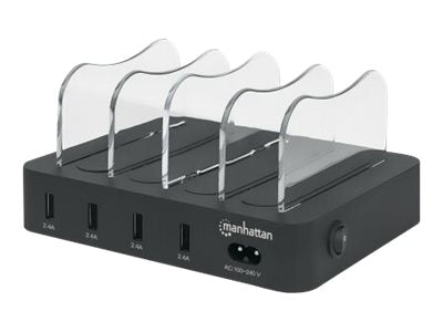 Manhattan Charging Station, 4x USB-A Ports, Outputs: 4x 2.4A, Smart IC, LED Indicator Lights, Black, Three Year Warranty, Box - Ladestation - 34 Watt - 4 Ausgabeanschlussstellen (USB)