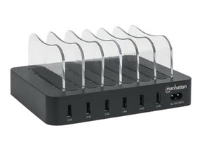 Manhattan Charging Station, 6x USB-A Ports, Outputs: 6x 2.4A, Smart IC, LED Indicator Lights, Black, Three Year Warranty, Box - Ladestation - 50 Watt - 2.4 A - 6 Ausgabeanschlussstellen (USB)