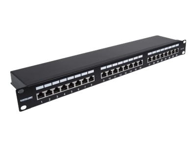 Intellinet 24-Port Cat6a Patchpanel, geschirmt, 24 Ports, FTP, 1 HE, Klemmleisten mit 90 Grad abgewinkelten Kabeleinführungen, schwarz - Patch Panel - CAT 6a - FTP - RJ-45 X 24 - Schwarz - 1U - 48.3 cm (19")