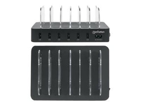 Manhattan Charging Station, 6x USB-A Ports, Outputs: 6x 2.4A, Smart IC, LED Indicator Lights, Black, Three Year Warranty, Box - Ladestation - 50 Watt - 2.4 A - 6 Ausgabeanschlussstellen (USB)