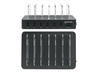 Manhattan Charging Station, 6x USB-A Ports, Outputs: 6x 2.4A, Smart IC, LED Indicator Lights, Black, Three Year Warranty, Box - Ladestation - 50 Watt - 2.4 A - 6 Ausgabeanschlussstellen (USB)