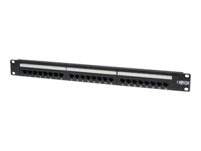 Tripp 24-Port Cat6 Cat5 Patch Panel Feed Through Rackmount 568A/B RJ45 1URM TAA - Patch Panel - geeignet für Wandmontage - CAT 6 - Schwarz - 1U - 48.3 cm (19")