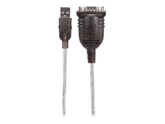 Manhattan USB-A to Serial Converter cable, 1.8m, Male to Male, Serial/RS232/COM/DB9, Prolific PL-2303RA Chip, Black/Silver cable, Three Years Warranty, Polybag