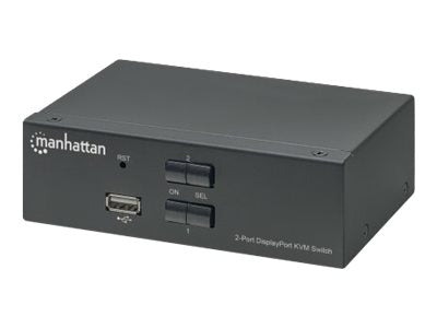 Manhattan DisplayPort 1.2 KVM Switch 2-Port, 4K@60Hz, USB-A/3.5mm Audio/Mic Connections, Cables included, Audio Support, Control 2x computers from one pc/mouse/screen, USB Powered, Black, Three Year Warranty, Boxed