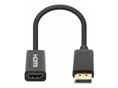 Manhattan DisplayPort 1.2 to HDMI Active Adapter, 4K@60Hz, 15cm, Male to Female, DP With Latch, Black, Not Bi-Directional, Three Year Warranty, Polybag