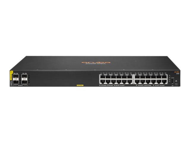 HPE Aruba 6100 24G Class4 PoE 4SFP+ - Switch - managed - 24 x 10/100/1000 + 4 x 1 Gigabit / 10 Gigabit SFP+ - Seite-zu-Seite-Luftstrom - an Rack montierbar - PoE+ (370 W)