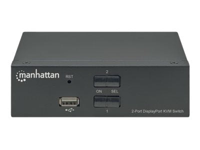 Manhattan DisplayPort 1.2 KVM Switch 2-Port, 4K@60Hz, USB-A/3.5mm Audio/Mic Connections, Cables included, Audio Support, Control 2x computers from one pc/mouse/screen, USB Powered, Black, Three Year Warranty, Boxed