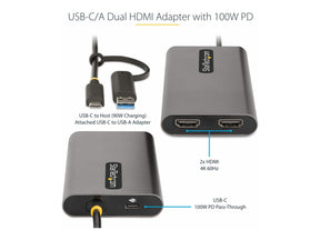 StarTech.com USB-C to Dual-HDMI Adapter, USB-C or A to 2x HDMI, 4K 60Hz, 100W PD Pass-Through, 1ft (30cm)