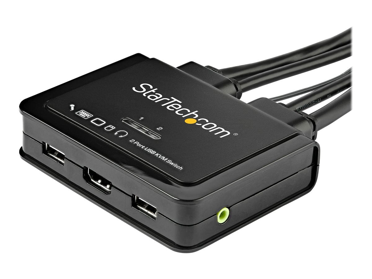 StarTech.com 2 Port HDMI KVM Switch, 4K 60Hz, Compact Dual Port UHD/Ultra HD USB Desktop KVM Switch with Integrated 4ft Cables & Audio, Bus Powered & Remote Switching, MacBook ThinkPad - 4K KVM Switch w/ Audio (SV211HDUA4K)