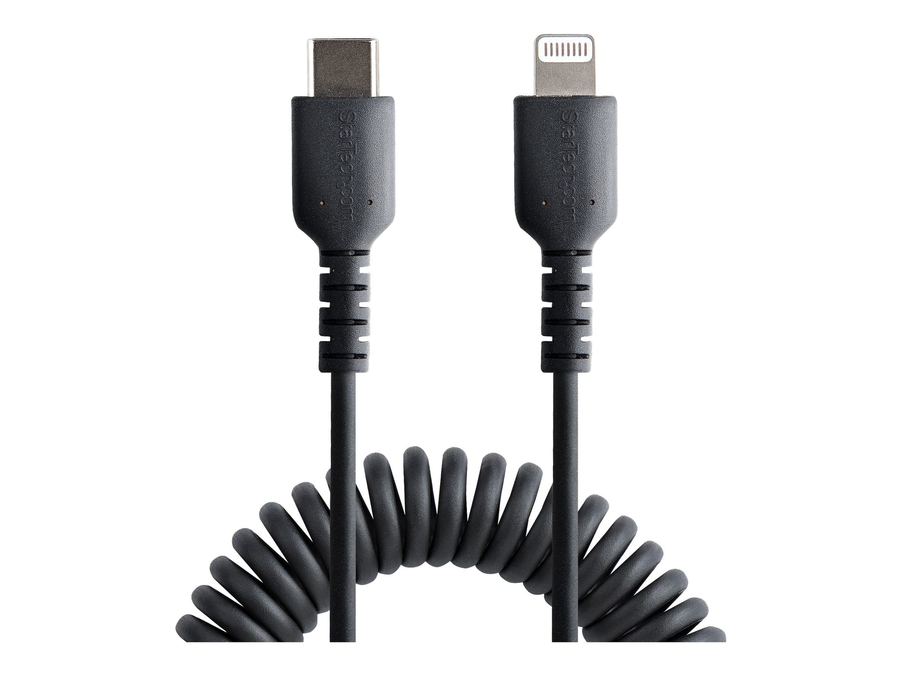 StarTech.com 50cm USB C auf Lightning Kabel, spiralkabel, MFi-zertifiziert, Schnellladekabel für iPhone/iPad , schwarz, langlebiger TPE-Mantel aus Aramidfaser, USB C 2.0 Kabel (RUSB2CLT50CMBC)