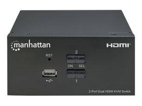 Manhattan HDMI KVM Switch 2-Port, 4K@30Hz, USB-A/3.5mm Audio/Mic Connections, Cables included, Audio Support, Control 2x computers from one pc/mouse/screen, USB Powered, Black, Three Year Warranty, Boxed