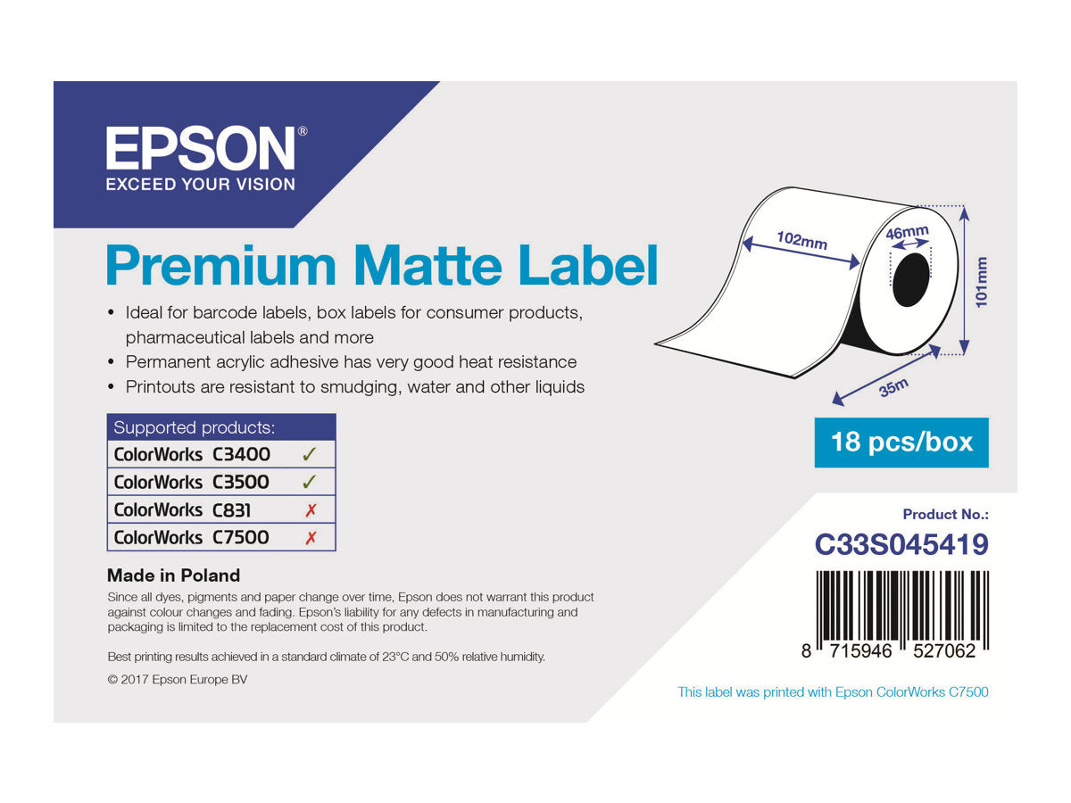 Epson Premium - Matt - Rolle (10,2 cm x 35 m) 1 Rolle(n) Etiketten-Endlospapier - für Epson TM-C3400-LT; ColorWorks CW-C4000E (BK)