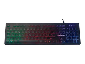 Manhattan Gaming USB Keyboard, Low Force Key Edition, 12 Multimedia Keys, Rainbow-LED Backlighting, USB-A, Black, Retail Box (German layout)