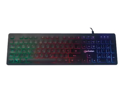 Manhattan Gaming USB Keyboard, Low Force Key Edition, 12 Multimedia Keys, Rainbow-LED Backlighting, USB-A, Black, Retail Box (German layout)