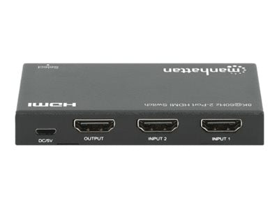 Manhattan HDMI Switch 2-Port, 8K@60Hz, Connects x2 HDMI sources to x1 display, Automatic Switching, Includes Micro-USB to USB-A power cable, Black, Three Year Warranty, Blister