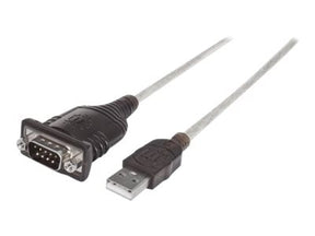 Manhattan USB-A to Serial Converter cable, 45cm, Male to Male, Serial/RS232/COM/DB9, Prolific PL-2303HXD Chip, Black/Silver cable, Three Year Warranty, Polybag