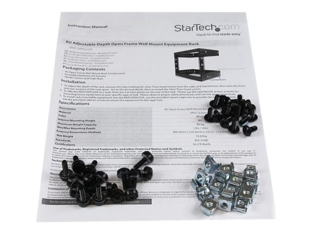 StarTech.com 8U 19" Wall Mount Network Rack - 12" Deep 2 Post Open Frame Server Room Rack for Data/AV/IT/Computer Equipment/Patch Panel with Cage Nuts & Screws 135lb Capacity, Black (RK812WALLO)