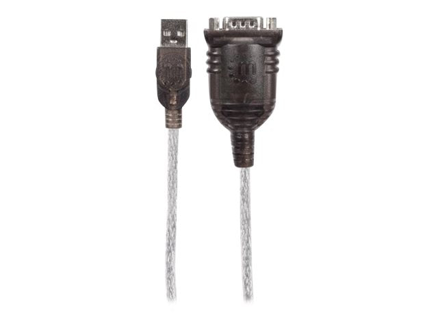 Manhattan USB-A to Serial Converter cable, 45cm, Male to Male, Serial/RS232/COM/DB9, Prolific PL-2303RA Chip, Equivalent to Startech ICUSB232V2, Black/Silver cable, Three Year Warranty, Polybag