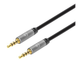 Manhattan Stereo Audio 3.5mm Cable, 3m, Male/Male, Slim Design, Black/Silver, Premium with 24 karat gold plated contacts and pure oxygen-free copper (OFC)